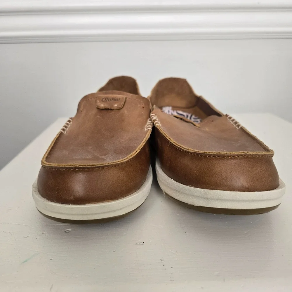 OluKai Mens Kakaha Leather Slip On Loafers Size 8.5 Brown Comfort Coastal Beach